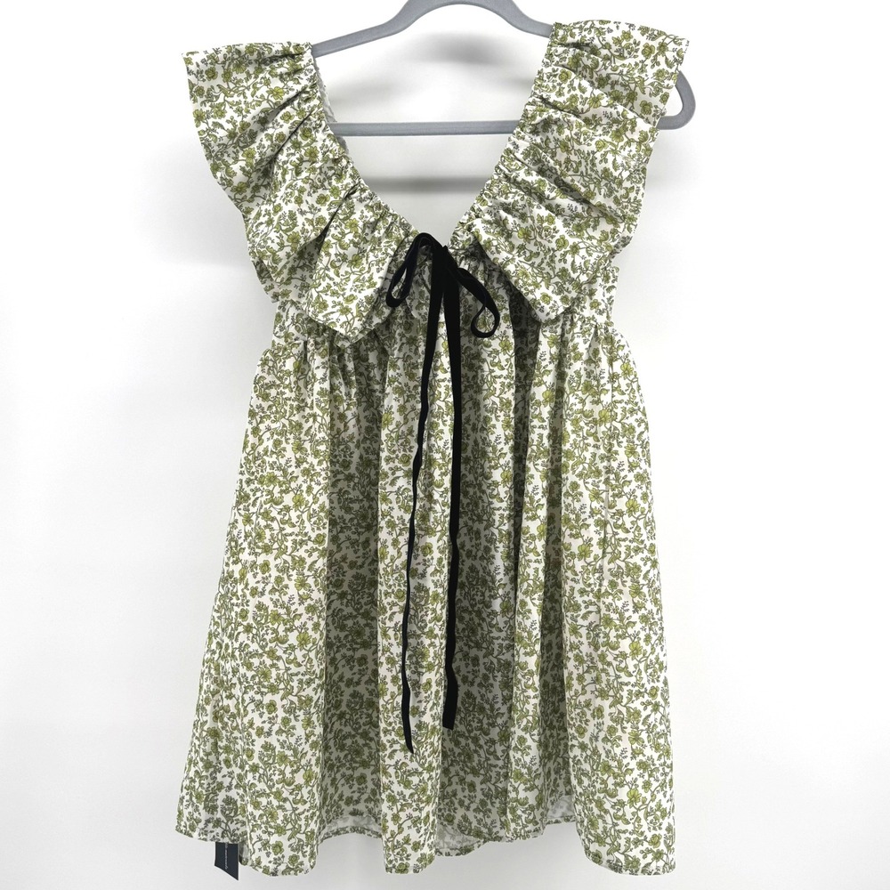 Womens Small Floral Ruffle Mini Dress Green White Black Cottagecore Babydoll